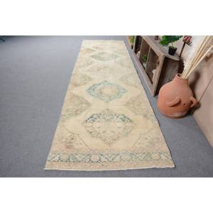 Alfombra turca Vintage Beige y azul 3,9 X 13.5ft Tejido plano de lana con patrón de retazos para decoraciones de sala de estar - Product Image 1