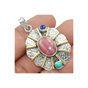 Colgante de Plata de Ley 925 hecho a mano con piedras preciosas de Rodocrosita natural, diseño minimalista sólido, colgantes finos de forma ovalada - Product Image 3