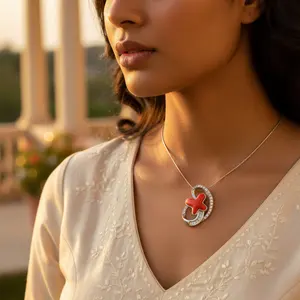 Collier pendentif en argent avec croix en corail pour femmes, design géométrique en rhodium avec zircon d'eau douce, diamant tendance pour femmes - Product Image 3