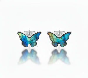 Boucles d'oreilles clous papillon en argent sterling 925 de qualité supérieure avec labradorite, serti clos, mignonnes et tendance, cadeau idéal pour mariage, anniversaire ou fête - Product Image 1