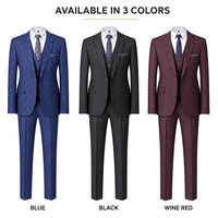 Setelan Jas Pria 3 Potong Motif Kotak-kotak Slim Fit, Jaket Kancing Tunggal, Rompi, Celana untuk Pernikahan dan Bisnis