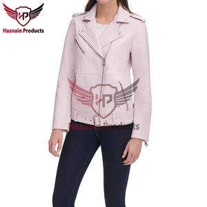 Womens Real Pink Leather Biker Jacket Asymmetric Zip Lapel Collar <b>Belted</b> Waist Sheepskin Coat Zip <b>Pockets</b> Slim Custom Outwear - Product Image 3