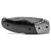 Couteau pliant artisanal en acier Damas 90 mm 58-62 HRC DD-FK-660 avec poignée en corne de buffle et contreforts en acier Damas pour la survie en extérieur