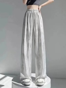 กางเกงขาบานเอวสูงลำลองใหม่เอวสูงผ้าไอซ์ซิลค์ทรงหลวมผูกเชือกย้อมสีหมึกสำหรับผู้หญิงแฟชั่นคลาสสิกรุ่นพื้นฐาน - Product Image 2