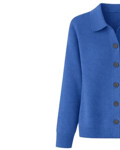 Women Royal Blue Button Front Knit <b>Cardigan</b> Sweater Long Sleeve Soft Casual Winter Top <b>With</b> Polo Collar For Ladies Fashion Wear - Product Image 3