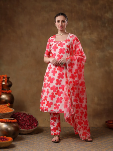 MERAKI NARANJA ESTAMPADO FLORAL MUSELINA KURTA SET ORGANZA DUPATTA Vestidos casuales de algodón Fit Flare Media manga Vestido natural - Product Image 5