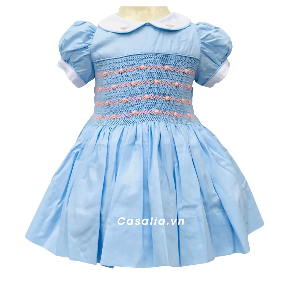 Lindo vestido de algodón azul para Niña-Vestido de niña bordado a mano celebra la belleza natural-OEM-ODM