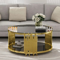 Mesa de Centro Moderna de Lujo Ecológica con Cubierta de Mármol Blanco y Vidrio, Base Negra Chapada en Oro, Mueble de Sala de Estar con Estructura Metálica