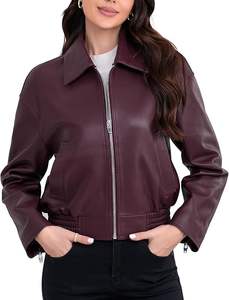 Chaqueta de cuero para mujer, chaqueta bomber de piel de cordero, cuello de Sherpa extraíble, cremallera frontal - Product Image 6