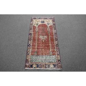 พรมตุรกีขนาดเล็ก 2x4.3 ฟุต, พรมขนสัตว์วินเทจสีแดงสไตล์โมร็อกโก - Product Image 1