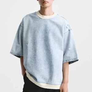 เสื้อยีนส์สีน้ำเงินวินเทจที่กำหนดเองของผู้ชายที่มีคอกลม, ซักเสร็จ, ออกแบบขนาดใหญ่และแขนสั้น - Product Image 2