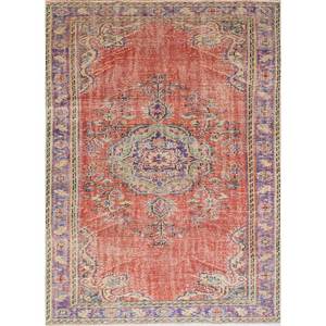 Tapis en laine noués à la main de grande taille, style vintage, motif médaillon rouge-orange classique, pour la maison, le couloir, design rectangulaire, recyclé - Product Image 1