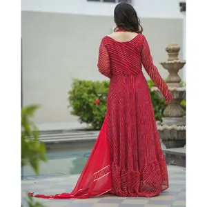 Ensemble de tenue de sport décontractée Rahi Red Bandhej, tissu en mousseline de soie pure, motif brodé, style droit, tailles XXL XL, cheville - Product Image 3