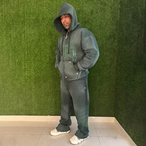 Vente chaude surdimensionné Vintage Zipper Hoodies hommes haute qualité en détresse coton mélangé sweat - Product Image 3