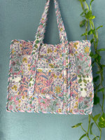 Sac fourre-tout en coton fait main, grand format, patchwork, imprimé à blocs, avec poche zippée, rose, style bohème, pour usage quotidien, printemps, automne, hiver, été