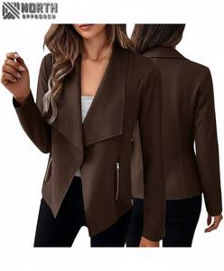 Veste en daim de chèvre pour femmes 2025 automne à manches longues fermeture éclair revers manteau court avec poches veste en cuir personnalisée dames - Product Image 2
