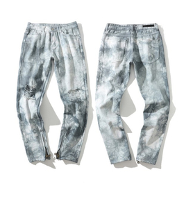 Pantalon slim droit délavé à fente avec fermeture éclair ouverte à la mode pour hommes, jean taille haute délavé déchiré maman tie dye empilé pour hommes - Product Image 6