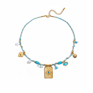 Collar de playa J&D Trendy con múltiples colgantes, a la moda, con capas de turquesa, concha, perla y dije de sol esmaltado - Product Image 5