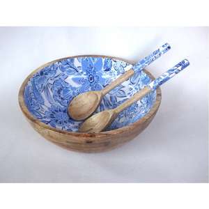 Bol décoratif en bois avec saladier et bols en bois de manguier bleu Bols en bois design avec services à salade - Product Image 3