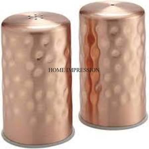 Forme cylindrique en métal robuste fini antique en cuivre avec moulin à sel et à poivre à couvercle supérieur fini couleur argent d'Inde - Product Image 3