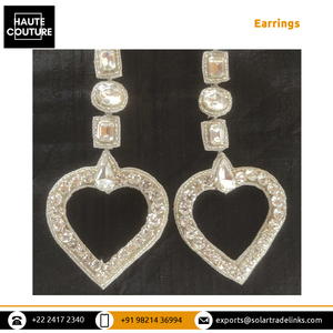 Handcrafted Hand Embroidered <b>Silver</b> Crystal Dangling <b>Heart</b> Pendant Statement <b>Earrings</b> with <b>Silver</b> Miyuki Beads - Product Image 4