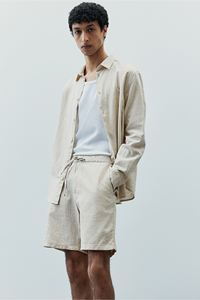 Coupe régulière Short en tissu texturé mélangé de coton et de lin de qualité supérieure pour homme avec cordon de serrage élastique à la taille poche latérale diagonale - Product Image 4