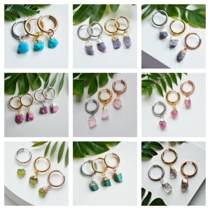 925 Silver Raw <b>Rose</b> <b>Quartz</b> Birthstone Hoops <b>Earrings</b> Jewelry - Product Image 2