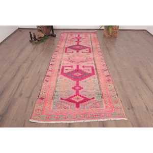 Alfombra Vintage Estilo Runner, Alfombra Turca de 3.6x9.6 pies, Alfombra de Lana Sólida Rosa - Product Image 1