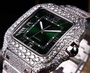 Lujoso reloj de diamantes VVS Moissanite de alta calidad, elegante esfera verde, números romanos, cuadrado, completamente helado, acero inoxidable - Product Image 2