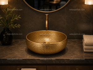 DIVRIS DRC-2026 Lavabo vasque rond en laiton martelé fait main, finition polie, style rustique pour salle de bain, épaisseur 3-5mm, compatible robinet - Product Image 3