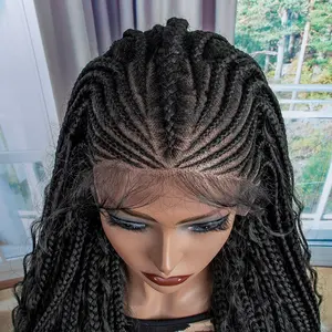 ジェニファー高品質ウィッグ編組コーンロー黒人男性女性編組フルレースマシン24インチ人間の濡れた波状の編組髪
