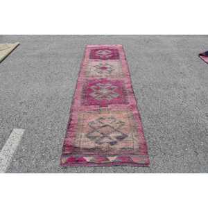 Vintage Turkish Herki Rug 2.9x10.6 ft, <b>Red</b> <b>Runner</b> Solid Wool Rug - Product Image 1