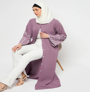 Flowy brown <b>kaftan</b> style abaya with black floral embroidery. Graceful look available at wholesale prices. - Product Image 4