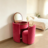Ensemble coiffeuse et tabouret de maquillage en bois rembourré de velours, style vintage moderne de luxe, avec rangement dissimulé et miroir rond