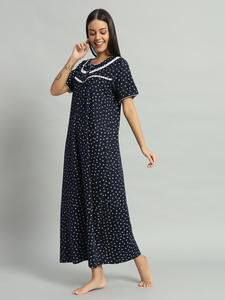 Camisón de Encaje 100% Algodón para Mujer, Mangas Medias, Largo Completo, Tela Transpirable, Cuello con Estampado Floral, Elegante, Primavera, Verano, Otoño - Product Image 2