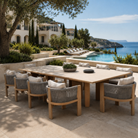 Ensemble de table et chaises de patio en teck pour hôtel et complexe hôtelier, avec fauteuils en corde tressée, mobilier d'hôpital personnalisé OEM