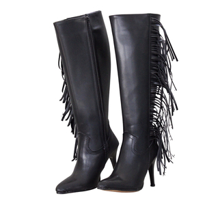 Bottines pour femme, bottes longues, hautes, noires, en cuir - Product Image 5
