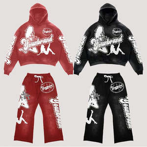 Survêtement unisexe 100% coton de haute qualité en polaire Streetwear Sweat-shirt à capuche épais délavé et pantalon baggy évasé - Product Image 6