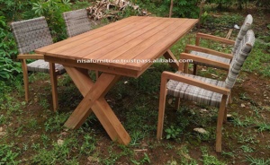 Modern X Leg Wooden <b>Table</b> 4 Rattan Chairs Set Water Resistant Cushions Outdoor Furniture for <b>Garden</b> Hotel Villa Exterior Use - Product Image 2