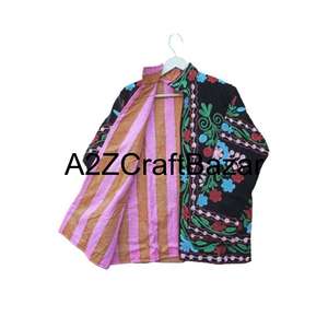 Veste en velours bohème à fleurs brodée à la main, veste imprimée pour femmes avec doublure en laine, vestes Suzani faites à la main - Product Image 4