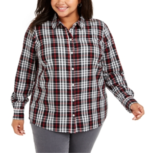 Camicia da donna Charter Club taglie forti XL Ilanna in cotone a quadri con bottoni, blusa formale casual in popeline, stile western, opzioni maniche lunghe o corte - Product Image 1