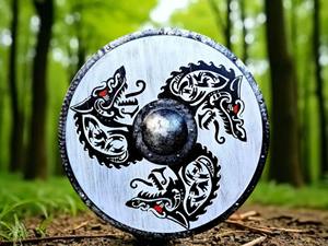 Bouclier en bois Art Déco médiéval avec impression de dragon, bouclier Viking Valhalla usé par le combat, pour la décoration murale, artisanat en bois - Product Image 3