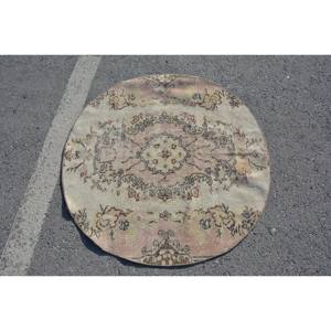 Alfombra turca Vintage de 3,5 pies X 3,5 pies, alfombra rectangular de área grande de lana de retazos beige y rosa para adolescentes, estilo abstracto, látex Tabriz - Product Image 1