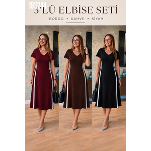 Robe midi à manches courtes et col en V pour femme avec détail rayé sur le côté, viscose à deux fils, lot de 3 couleurs, 38383 - Multicolore - Product Image 1