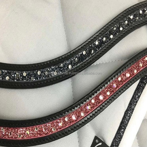 Banda de cuero genuino hecho a mano para cejas de caballo, con incrustaciones de cristal brillante, banda para cejas de caballo completamente cosida, color negro, precio al por mayor - Product Image 4