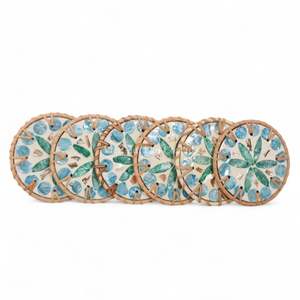 Sous-verre en rotin naturel avec incrustation de nacre pour le café, le thé et la protection décorative de table dans l'espace de vie - Product Image 3