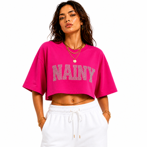 Oversized Crop <b>Top</b> Women <b>Rhinestone</b> Embellished T Shirt Loose Fit Cotton Cropped Tee Streetwear Fashion Summer Wear - Product Image 1