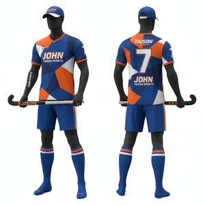 Uniforme de Hockey sobre Césped para Hombre, 180 GSM, Poliéster Transpirable Interlock, Panel Geométrico Azul y Naranja, Sublimación Personalizada - Product Image 1