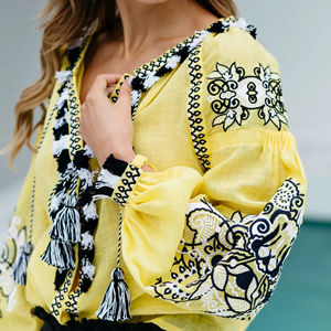 Elegante Blusa de algodón de verano de diseño ucraniano, manga larga bordada con borla, camisas Vintage, Top de estilo para fiesta de verano - Product Image 1