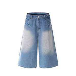 Short en jean vintage délavé à l'acide avec strass pour hommes, streetwear style hip hop baggy et droit pour l'été - Product Image 4